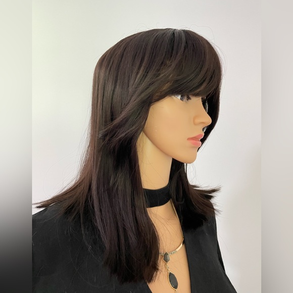 NWT darkest brown chocolate wig long bangs side pieces customized custom wig 14” - Picture 4 of 16